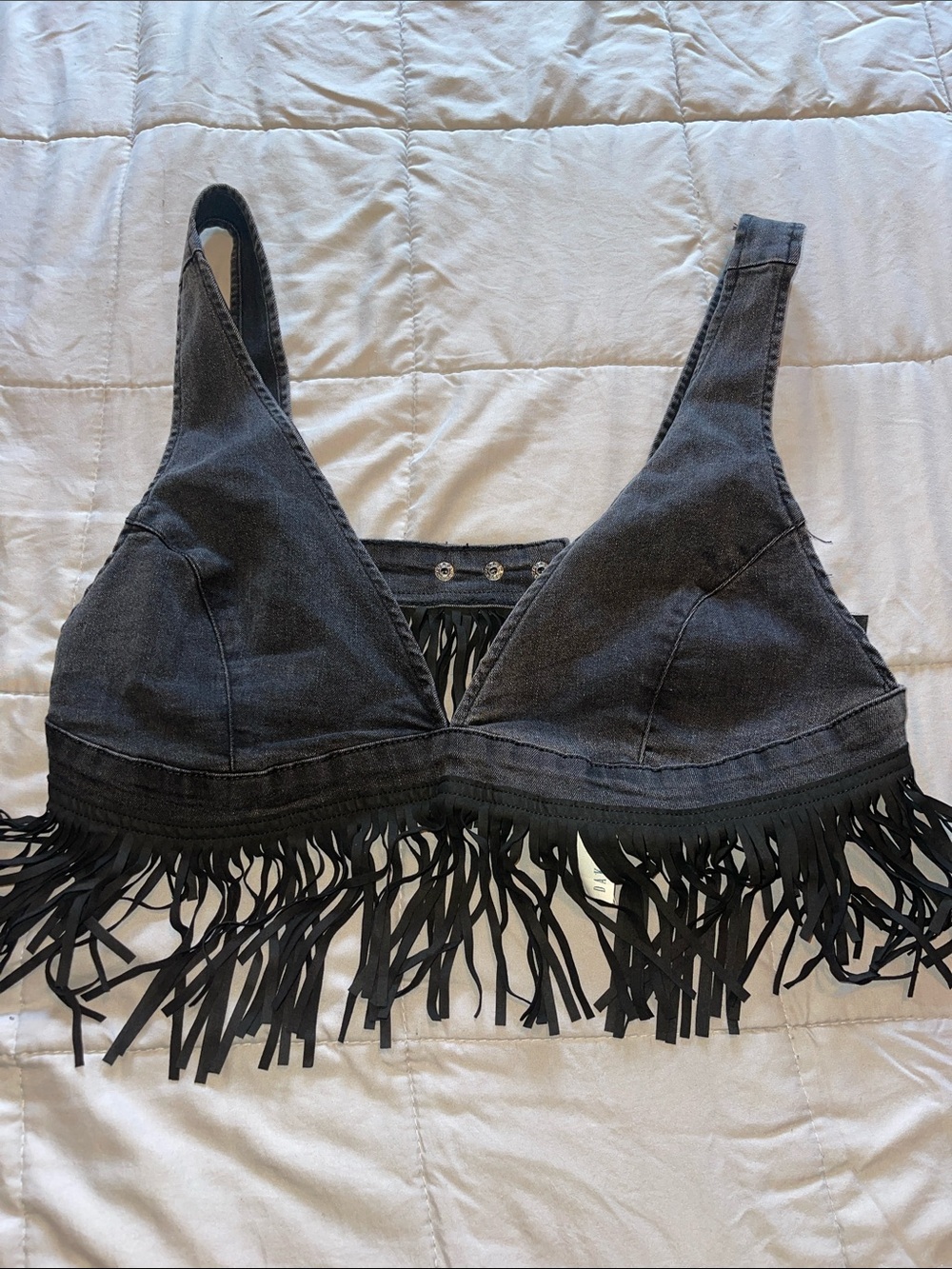 Fringe Bralette Top - Black Denim